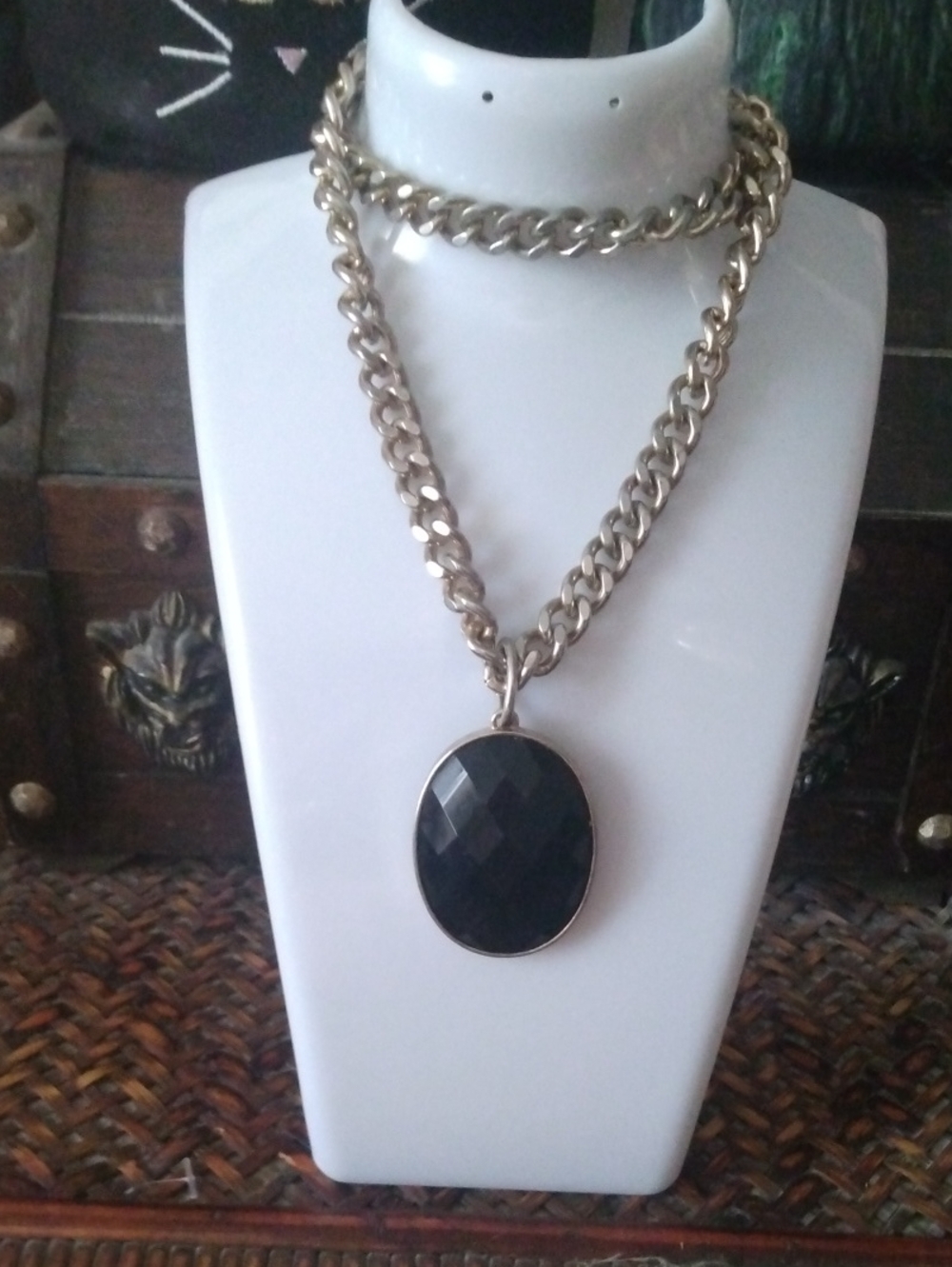 Gold Tone  Chain Necklace with Black Oval Pendant - Women Jewelry